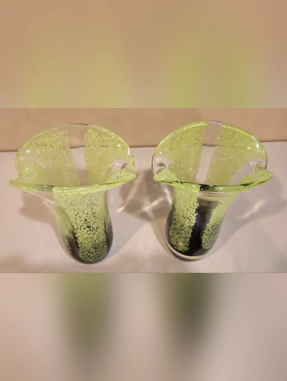Handblown Teleflora Art Glass Vase Pair - Lime Green and Black
